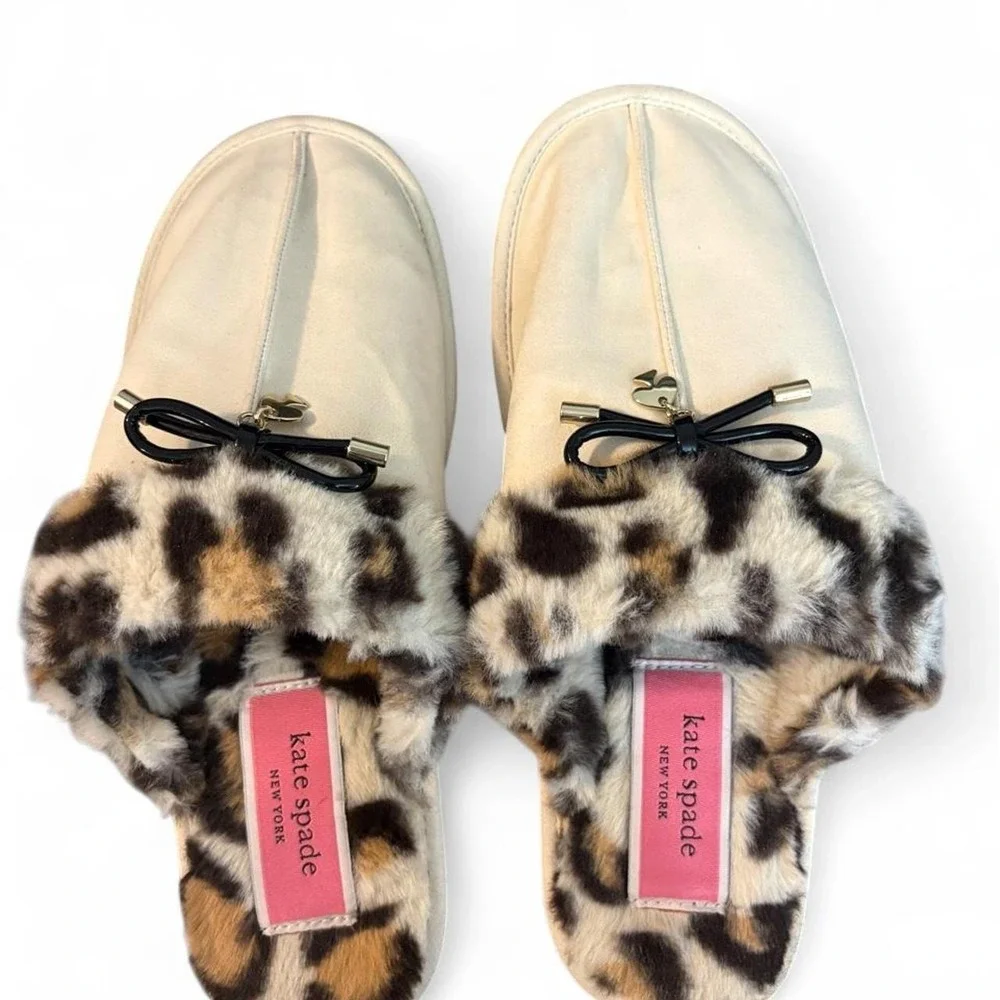 Kate Spade Lacey Slippers Women 8 Leopard Faux Fur Cream Bow Spade Charm Mule